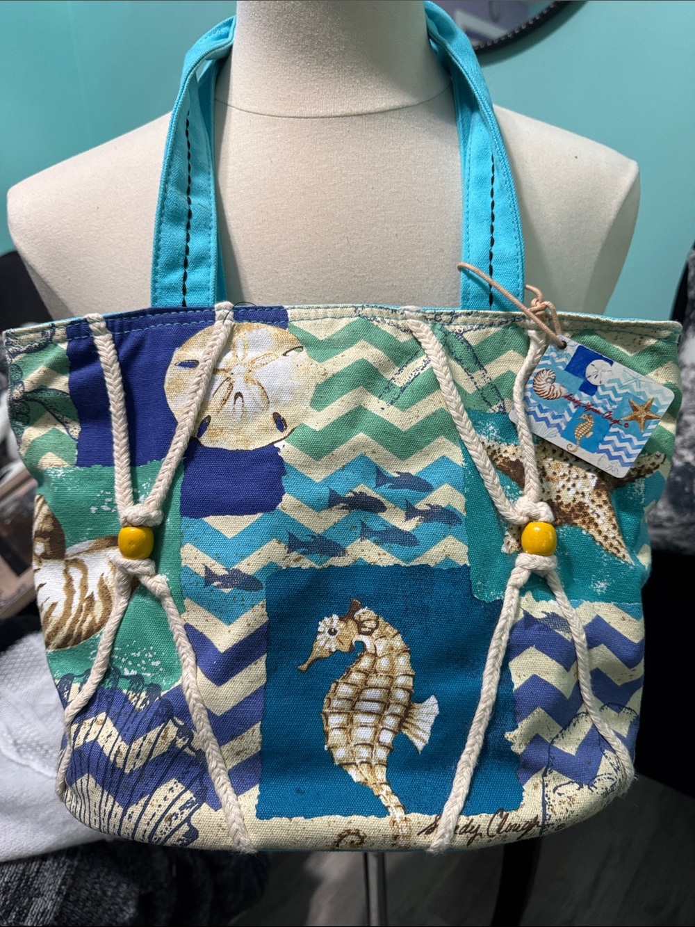 🐚🪸🏝️Seahorse/Ocean life Canvas Tote Shoulder Bag in Teal and Blue
